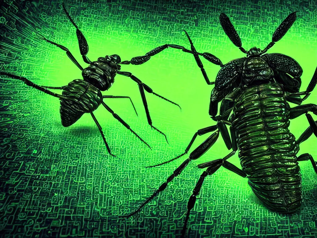 Image similar to a terrifying giant bug emerging from strands of neon green computer code text, matrix, hyperrealistic, digital painting, 8 k, artstation, very detailed