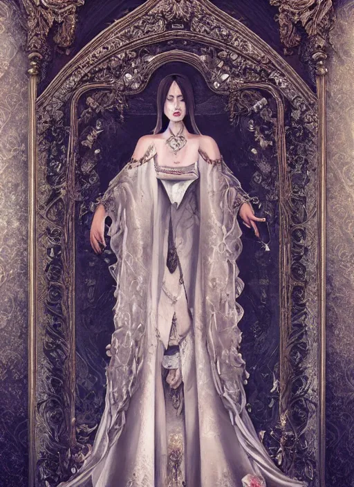 Image similar to hyper realistic photo of baroque oriental luxury fashion queen ghost full body, symmetric, rule of thirds, cinematic, artstation, cgsociety, greg rutkowski, james gurney brom