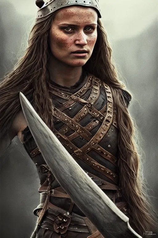 Image similar to gorgeous!! hyper - realistic woman resembling alicia vikander as a battle - worn viking warrior wielding a giant axe | intricate, highly detailed, digital painting, character design, character concept art