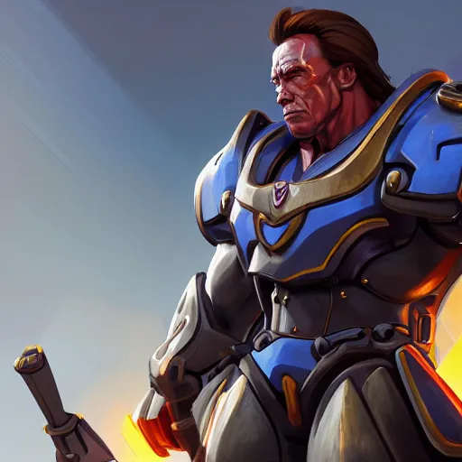 Image similar to a screenshot of arnold schwarzenegger as reinhardtin overwatch, portrait, fantasy, beautiful face, vivid colors, elegant, concept art, sharp focus, digital art, hyper - realistic, 4 k, unreal engine, highly detailed, hd, dramatic lighting by brom, trending on artstation