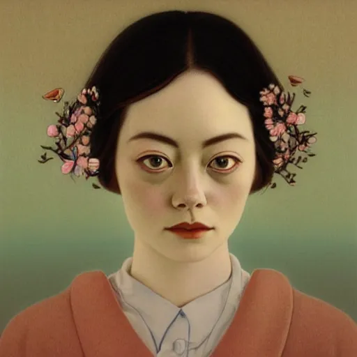 Image similar to “ emma stone portrait by ikenaga yasunari and ayana otake and ko rakusui, drawing, realistic, sharp focus, japanese, dreamy, nostalgia, faded, golden hues, floral clothes ”