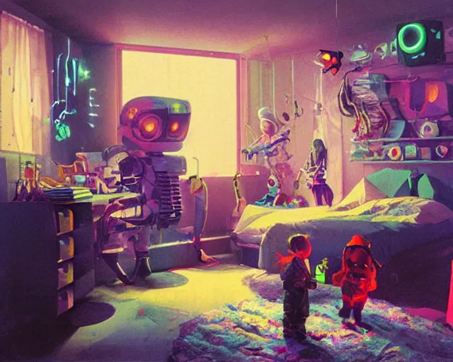 Image similar to IKEA catalogue photo of a cyberpunk children’s bedroom, by Paul Lehr