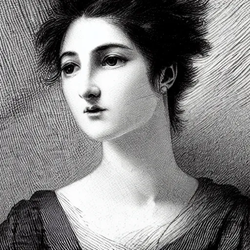 Prompt: extreme close-up, black and white, portrait of a young french woman, marie laforet, Gustave Dore lithography