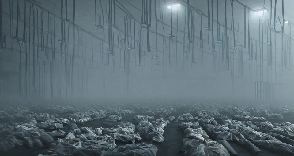 Image similar to illustration of rows of limp bodies hanging on hooks in a cold warehouse, products, rolling fog, cyberpunk, dystopian, dramatic lighting, unreal engine 5