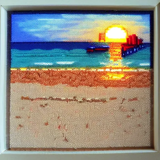 Image similar to Beach, sunset, pixelart, art of Lauretta Jones