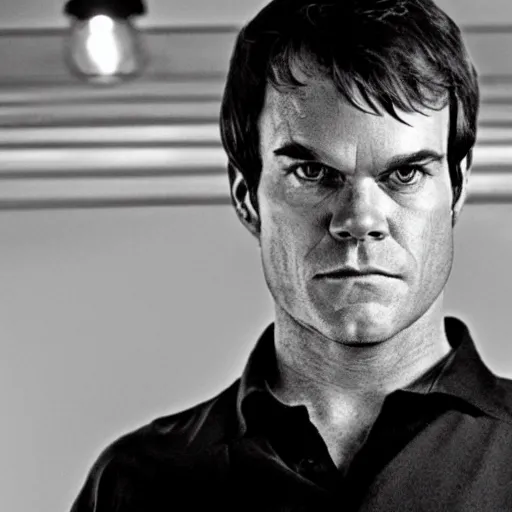 Image similar to dexter morgan horror movie still black and white dark