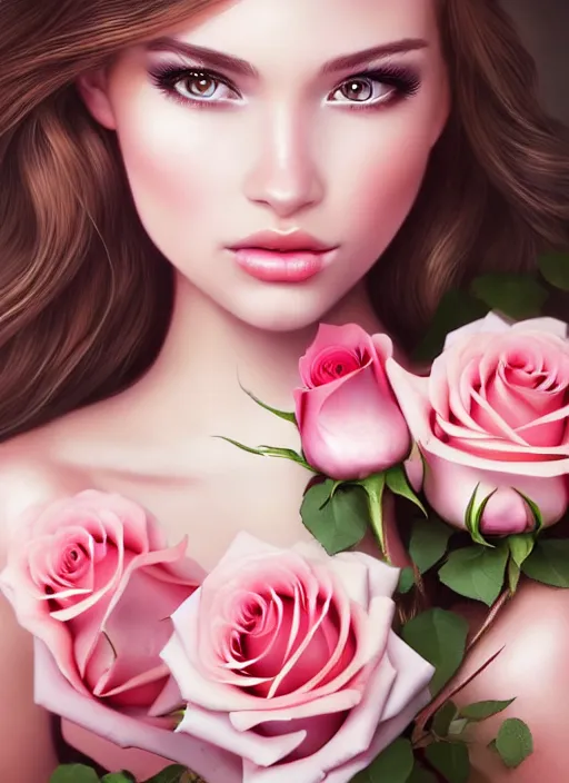 Image similar to a gorgeous female photo, professionally retouched, soft lighting, holding a bouquet of roses, realistic, smooth face, perfect eyes, wide angle, sharp focus on eyes, 8 k high definition, insanely detailed, intricate, elegant, art by artgerm