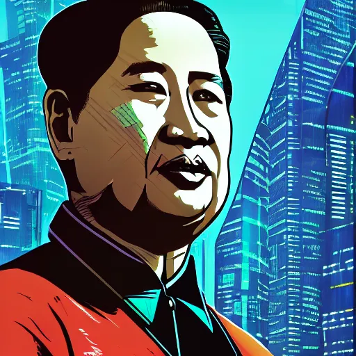 Image similar to cyberpunk mao zedong as the leader of a futuristic communist society, cybernetics, sharp lines, digital, artstation, colored in