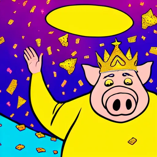 Prompt: trippy comic art of a obese pig wearing a gold crown throwing snack bags into the air, drawn by mike judge, colors by lisa frank, unstirred paint, vivid color, cgsociety 4K