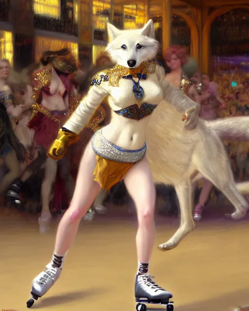 Image similar to white female anthro wolf skating at a roller derby, 4 k, furaffinity, trending on artstation, energetic, speed, motion blur, by gaston bussiere, craig mullins, j. c. leyendecker, gustav klimt, artgerm, greg rutkowski, alphonse mucha