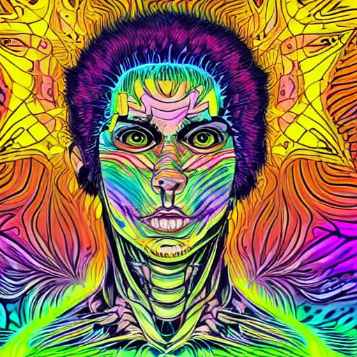 Image similar to a psychedelic young godlike humanoid, hyper detailed, in the style of rutkowski and junji ito and bob ross and lisa frank, selfie