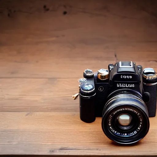 Image similar to a steampunk dslr camera on a wooden table, studio light, edge lit, detailed, product photography