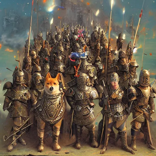 Image similar to anthropomorphic shiba inu is, army of knights wearing armor, anthropomorphic shiba inu medieval banquet, stuning fantasy 3 d render, masterpiece, glowing aura, by donato giancola and greg rutkowski and wayne barlow and zdzisław beksinski, realistic face