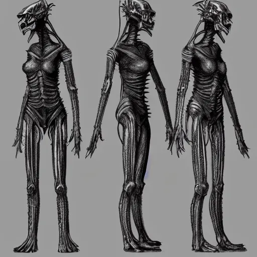 Prompt: human inspired by HR Giger, Character reference Sheet