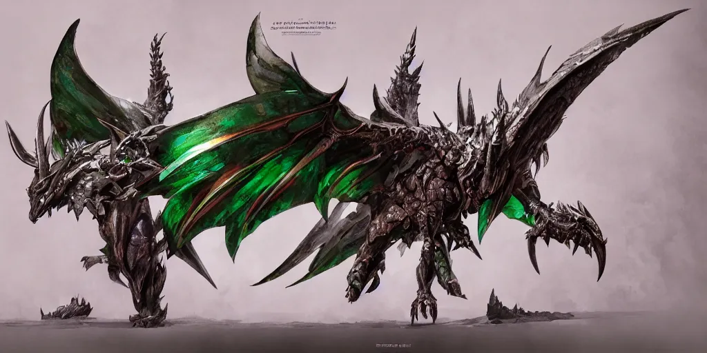 Image similar to Emerald four legged crystal bat, character design sheet, Monster Hunter Illustrations art book, big claws, sharp fangs, huge wings, long tail, iridescent scale patterns, cluster of crystals as spikes on its back, Moebius, Greg Rutkowski, Zabrocki, Karlkka, Jayison Devadas, Phuoc Quan, trending on Artstation, 8K, ultra wide angle, zenith view, pincushion lens effect.