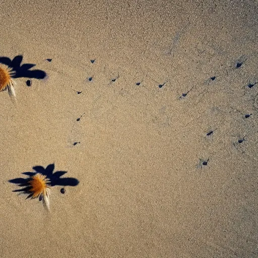 Prompt: empty shore with the sun in the sand. Blue vultures circling the sun. hyper realistic. high definition 8K. beautiful. colorful