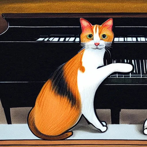 Image similar to a calico cat plying the piano