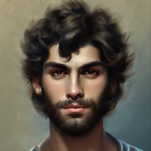 Prompt: portrait of a young italian male, dark shoulder length very curly hair, round nose, angular eyebrows, short patchy beard, closeup portrait, elegant, highly detailed, oil painting, artstation, concept art, matte, sharp focus, illustration, hearthstone, art by earl norem