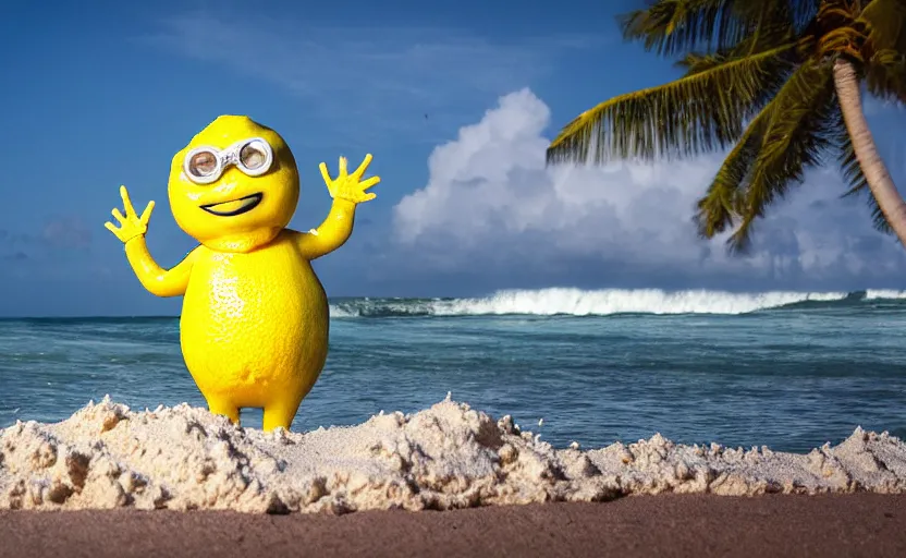 Prompt: 5 0 mm photograph, of a real anthropomorphic lemon character, fit, with lemon skin texture, it is wearing a hat and scuba diving, building a sandcastle on the beach at sunset, beach, huge waves, sun, clouds, tropical trees, rim light, cinematic photography, professional, sand, sandcastle, volumetric lightening