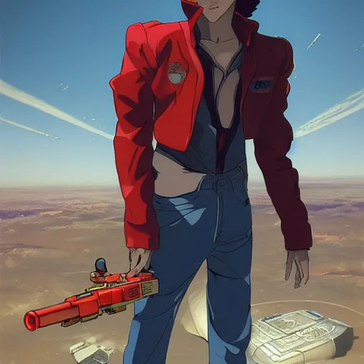 Image similar to , hyperrealistic spike from anime cowboy bebop holding two handguns looking into the distance of space, spike in on top of his red spaceship and he is looking over a dystopian cyber city on Mars art, physically accurate, dynamic lighting, intricate, elegant, highly detailed, very very Roberto Ferri, sharp focus, very very unsettling, very terrifying, illustration, wideshot,