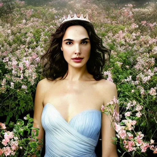 Prompt: fine art photo of the beauty gal gadot, she is posing while maintain a sweet eye contact to the camera, she has a crown of flowers, the photo was taken at sunrise with a bokeh effect, by steve mccurry, photorealistic, matte painting, hyper realistic, 4 k, 8 k, cinematic composition, hd, highly detailed, trending on artstation
