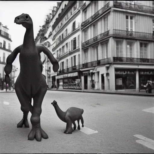 Image similar to french parasaurolophus walking in the streets of paris, 3 5 mm, 1 9 5 4, low angl