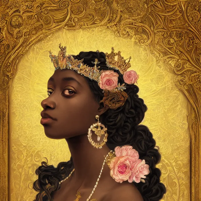 Image similar to highly detailed venetian rococo portrait of a black princess wearing a crown, golden jewels, pastel flowery background, volumetric lighting, flowers, realistic, symmetrical face, digital illustration, art by krenz cushart, alphonse mucha, kehinde wiley, artem demura