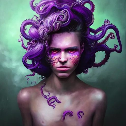 Image similar to art portrait of a furious girl with think, hair-like purple tentacles on her head and bright purple eyes, 8k,by tristan eaton, Stanley Artgermm,Tom Bagshaw,Greg Rutkowski,Carne Griffiths,trending on DeviantArt, face enhance,hyper detailed ,full of colour,