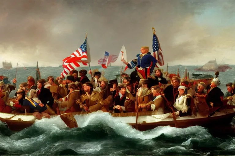 Prompt: Donald Trump crossing the delaware there is an arbys sign in the background by Emanuel Leutze