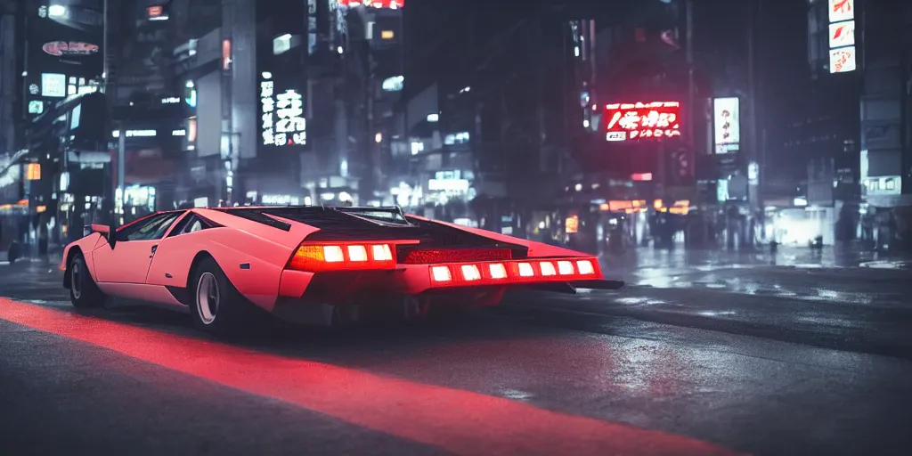 Prompt: photograph of a lamborghini countach parked in a rainy wide tokyo street at night with neon light signs illuminating the scene, sharp focus, highly detailed, ray tracing, cinematic, moody, hdr, 4 k, incredible detail
