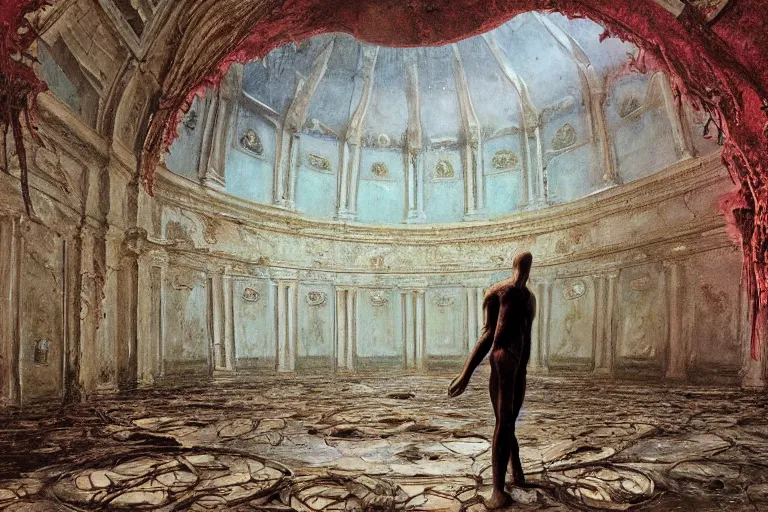 Image similar to a highly detailed beautiful painting of a domed abandoned ballroom, rot decay and vines, in center an elegant male dancer on flamingo legs, by salvador dali and zdzisław beksinski, artstation, dramatic lighting