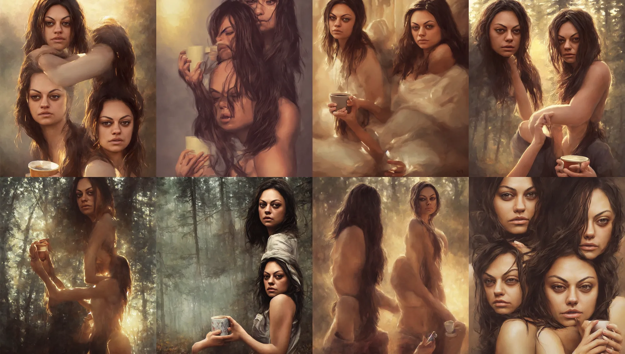 Image similar to close portrait of sleepy mila kunis waking up with coffee, dramatic light, morning golden hour, forest cabin background, 2 0 0 mm focal length, 1 9 7 0 s, painted by stanley lau, painted by greg rutkowski, painted by stanley artgerm, digital art, trending on artstation