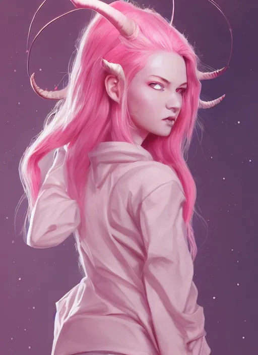 Image similar to a highly detailed illustration of cute smug pink haired pale girl with horns wearing oversized pink hoodie, dramatic smirk pose, intricate, elegant, highly detailed, centered, digital painting, artstation, concept art, smooth, sharp focus, league of legends concept art, wlop.