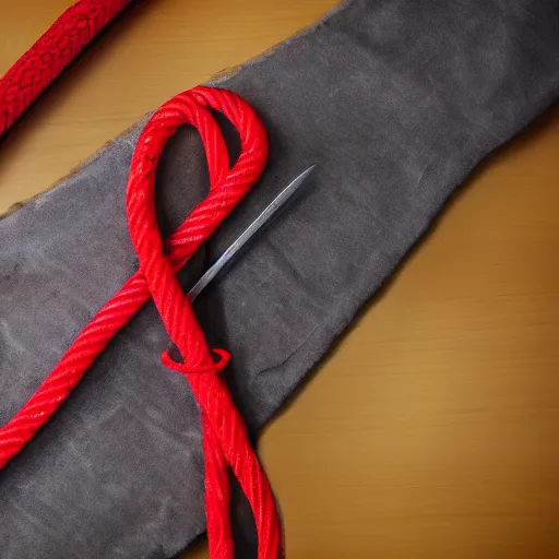 Prompt: red rope wrapped around a sword
