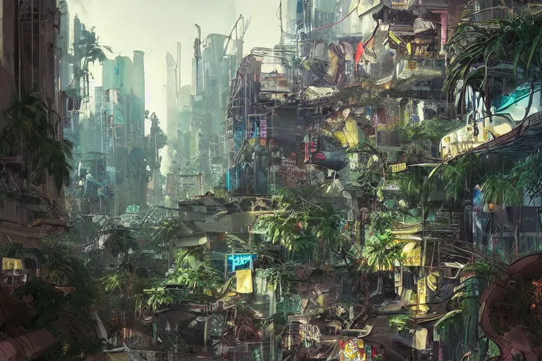Image similar to a cyberpunk city in ruins, jungle plants overgrowing the streets and buildings, cats run through the ruins, drinking from pools of water and climbing on old fallen signs, by artgerm and amano and rutkowski and kincaid, trending on artstation