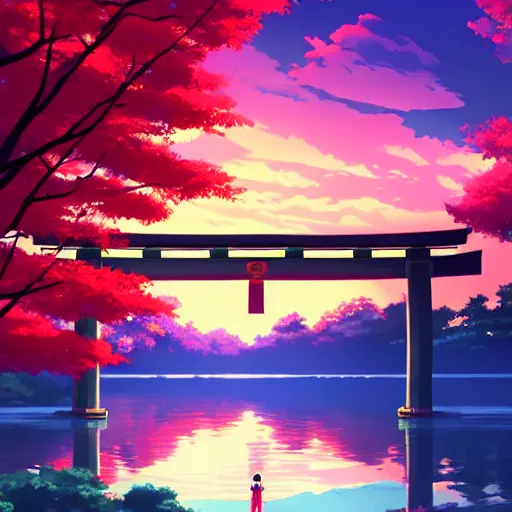 Image similar to torii gate in middle of a lake, digital art, rich vivid colors, ambient lighting, dynamic lighting, 4 k, official media, anime key visual, makoto shinkai, ilya kuvshinov, lois van baarle, rossdraws, detailed, trending on artstation