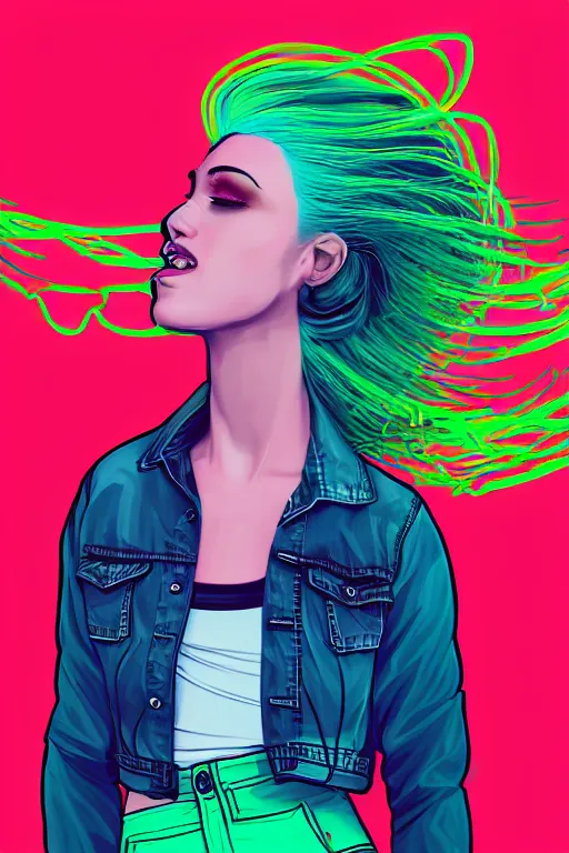 Image similar to a award winning half body portrait of a beautiful woman with stunning eyes in a croptop denim jacket and cargo pants with ombre green teal hairstyle head in motion and hair flying while dancing by thomas danthony, surrounded by whirling illuminated lines, outrun, vaporware, shaded flat illustration, digital art, trending on artstation, highly detailed, fine detail, intricate
