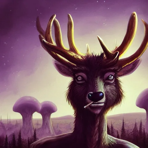 Image similar to 4 k headshot portrait of a psychedelic demonic anthropomorphic deer - horned wendigo smoking a hand - rolled cigarette smoking heavily, magic mushroom village in background. award winning. superb resolution. in the art style of junji ito and greg rutkowski. detailed mushroom city in background. hyper realistic anime. perfect art. dalle 2