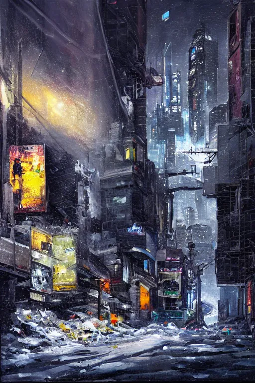 Prompt: a cyberpunk city snowy night landscape with a pile of rubble with a corner wall with a window and the light shining through. dark contrast oil painting