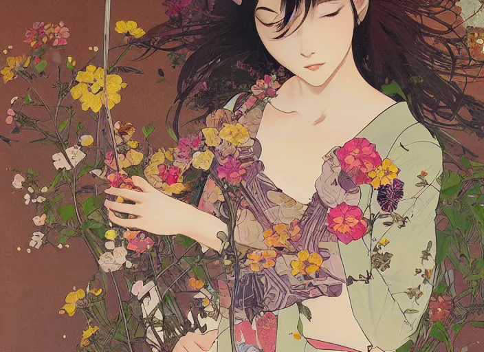 Image similar to oil painting, long shot, beautiful floralpunk japanese bio mechanical female illustration detailed patterns art of japan traditional dress, flower pop art, floral splash painting, art by ashley wood, alphonse mucha, makoto shinkai, geof darrow, dark shadow