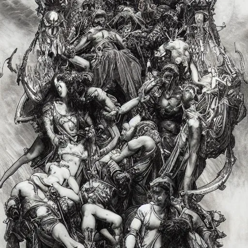 Prompt: gustave dore james gurney greg rutowski yoji shinkawa apophasis shintaro kago apophasis hyperrealism alphonse mucha victo ngai hyperrealism evil satanic shamanic deity combat mech demigod powerful cyborg death god hell hellscape damned souls horrid hyperrealism