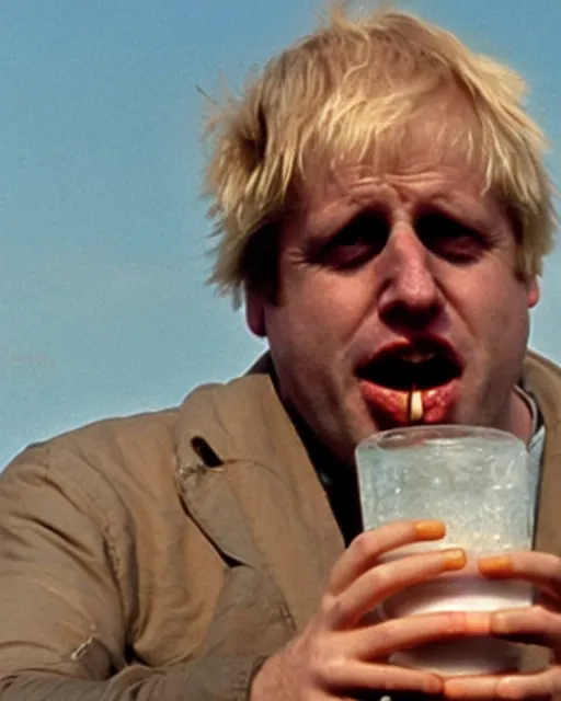 Prompt: film still close - up shot of boris johnson drinking a beer on the beach from the movie monty python's the meaning of life. photographic, photography