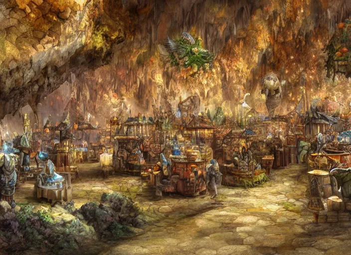 Prompt: close up view of a bustling fantasy marketplace in a large cavern by jeff darrow and moebius, earth and pastel colors, dramatic perspective, highly detailed, ultra realistic, masterpiece, 4 k, 8 k