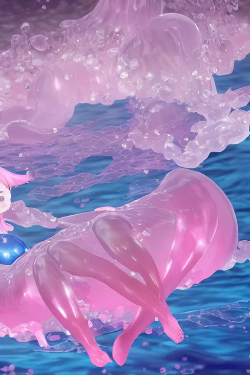 Image similar to 3D CG anime Land of the Lustrous Houseki no Kuni character Ventricosus translucent very pink jelly woman with thick chest bubbles and pink transparent dress frills floating at the bottom of the ocean near the surface, sun rays shine through the water, beautiful composition, 3D render, cel shaded, 8k, key visual, made by Haruko Ichikawa, Makoto Shinkai, studio Ghibli, Kyoto Animation