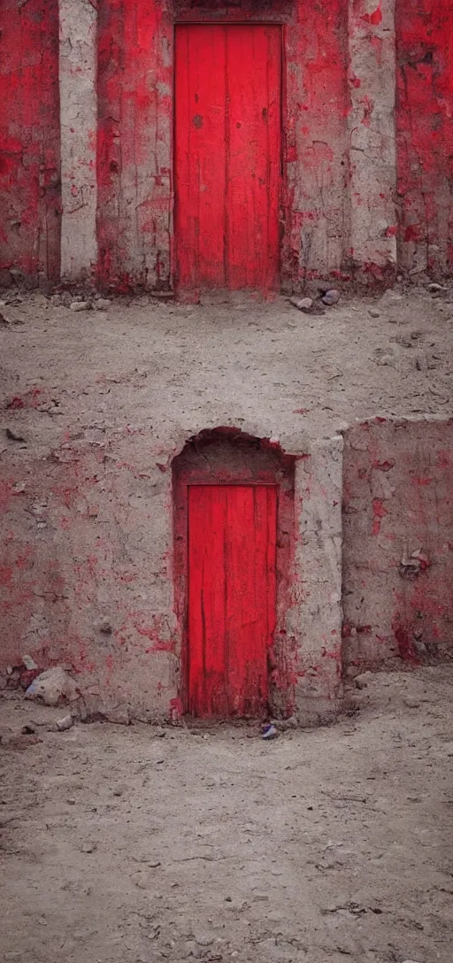 Prompt: huge detailed red door standing in wasteland in style of zdzisław beksinski, fractal patterns,