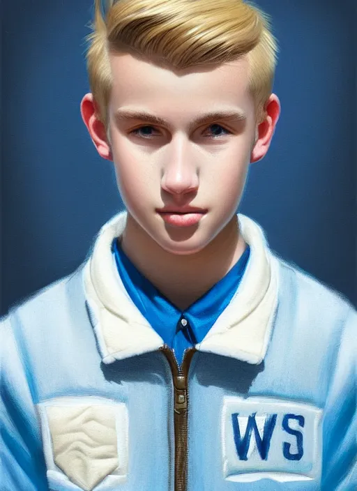 Image similar to portrait of a teenage boy named moose mason, blonde short hair, jock, beefy, square jaw, square facial structure, 1 9 5 0 s, blue varsity jacket, intricate, elegant, glowing lights, highly detailed, digital painting, artstation, concept art, smooth, sharp focus, illustration, art by wlop, mars ravelo and greg rutkowski