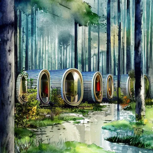 Image similar to beautiful happy picturesque charming organic sci - fi town with pod homes integrated in a forest area. water and trees. beautiful light. soft colour scheme. beautiful artistic detailed watercolor by lurid. ( 2 0 2 2 )