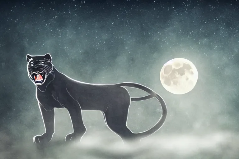 Image similar to a panther roaring at the moon in a forest during the night, large moon in the center. high quality. illustration. 4 k. cinematic. photoreal. highly detailed. dramatic. dark. night.