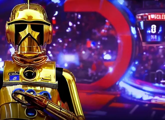 Image similar to ESPN still of C-3PO playing in the nba playoffs live on espn, 4k