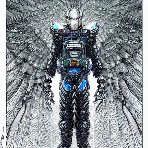 Image similar to portrait of the cyber archangel, intricate, highly detailed, masterful, in the style of moebius, akira toriyama